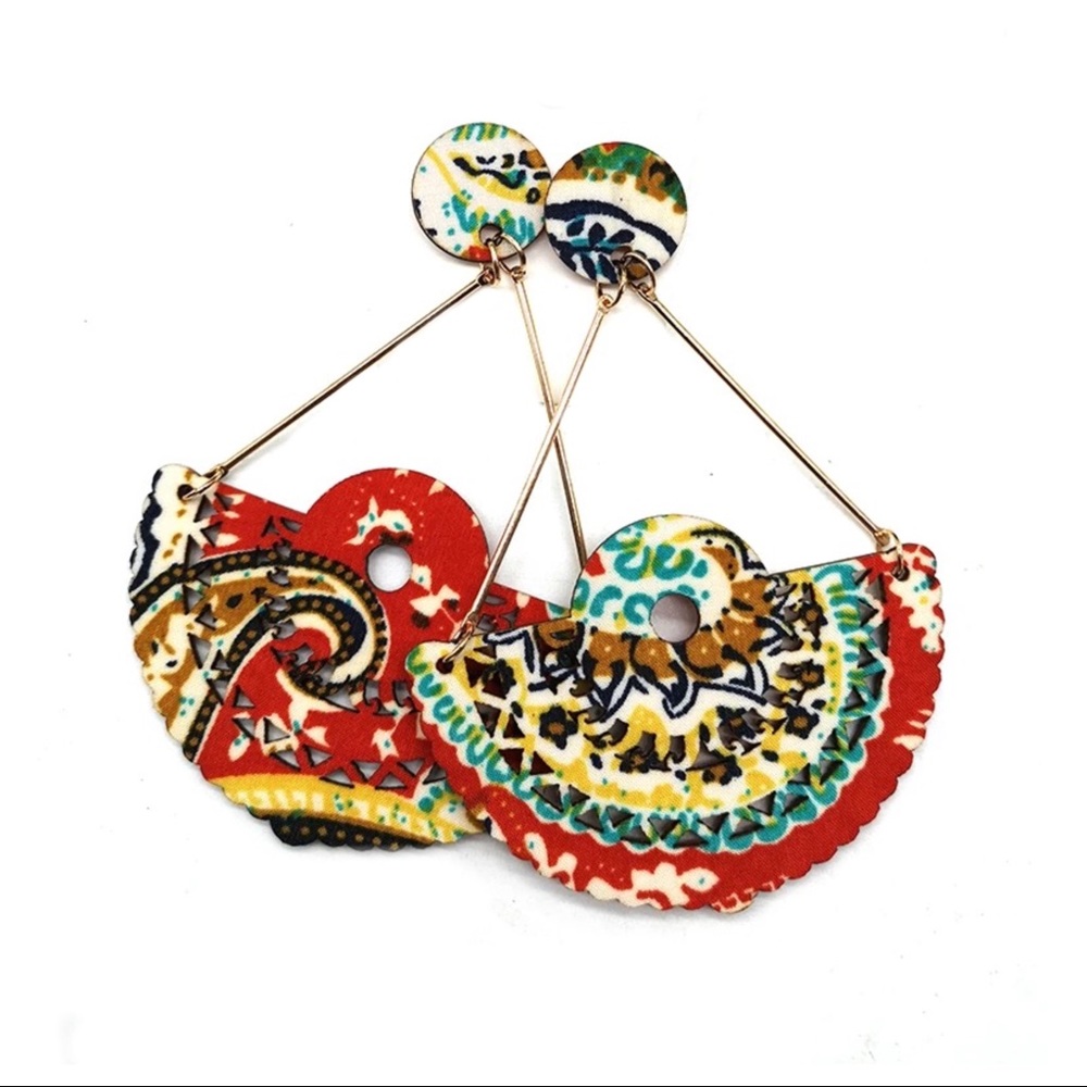 Trendy Drop Earrings Wooden Fabric Blue Red Yellow